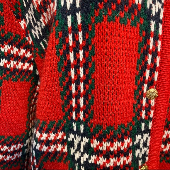 VINTAGE CRYSTAL-KOBE KNIT CARDIGAN SWEATER PLAID GOLD BUTTONS POCKETS SIZE MED - Picture 4 of 10